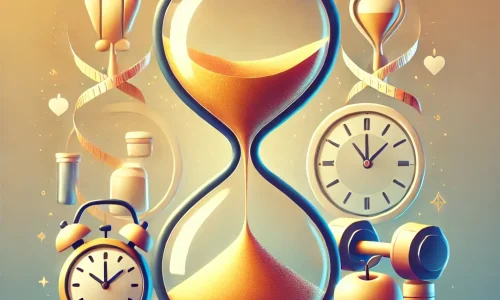 DALL·E 2024-12-04 13.51.36 - An illustration symbolizing the duration of weight loss efforts. The scene includes a large, elegant hourglass in the center, with sand flowing downwa.webp