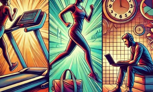 DALL·E 2024-12-04 13.53.22 - An artistic and stylized gym scene divided into three panels. In the first panel, a motivated individual runs on a treadmill with a clearly visible an.webp